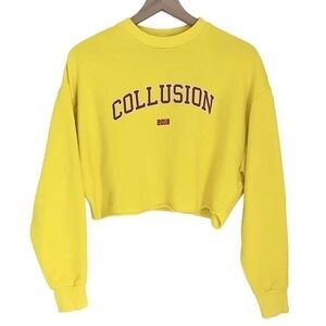 Collusion Women's Cropped Oversized Crew‎ Neck Sweatshirt in Yellow Size 0